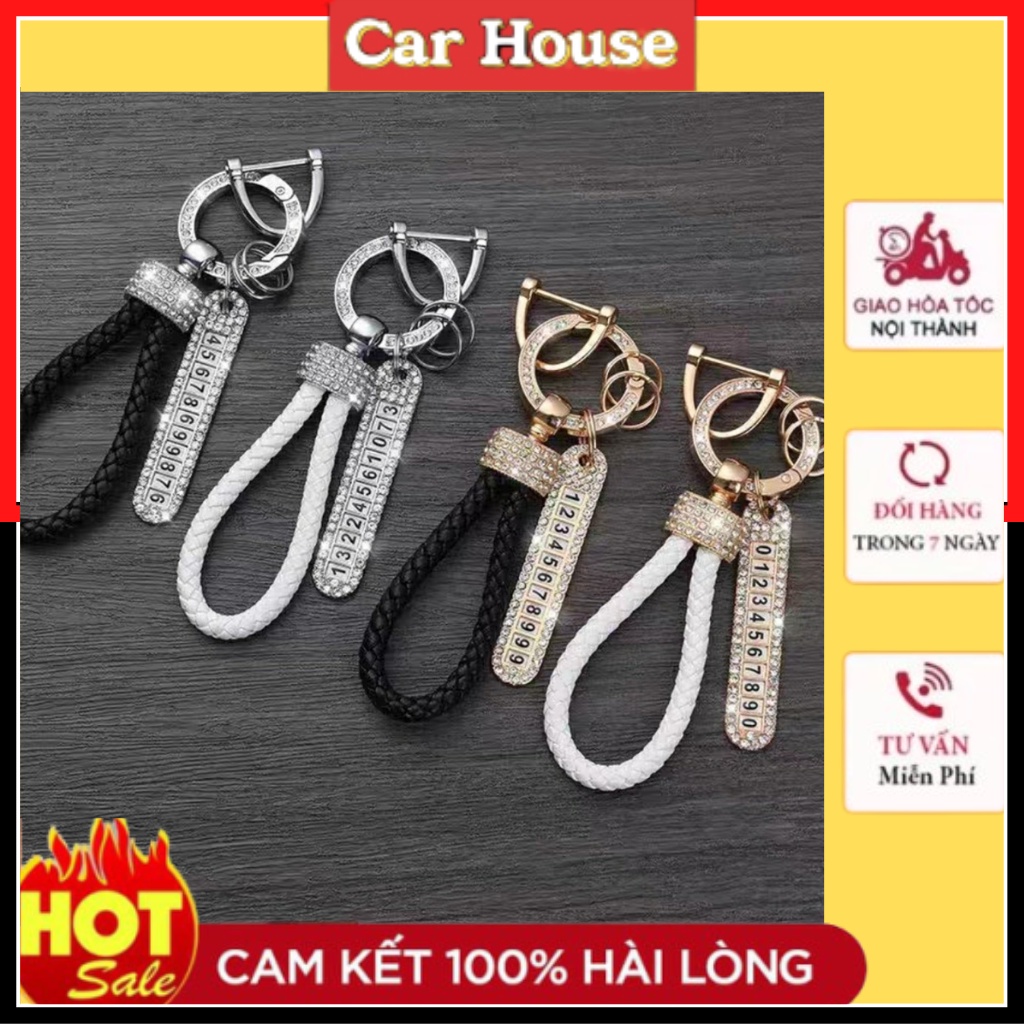 Móc Khóa Dây Da Bện Đính Đá Có Số Điện Thoại Chống Mất Thiết Kế Sáng Tạo