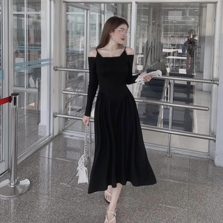 Đầm midi 2s thun đen bẹt vai tay dài