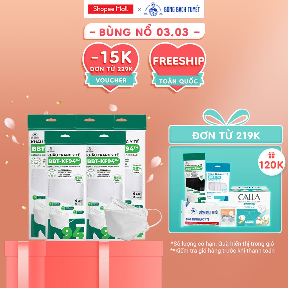 Combo 5 Gói Khẩu trang Bông Bạch Tuyết KF94 4 lớp trắng (10 cái/gói)