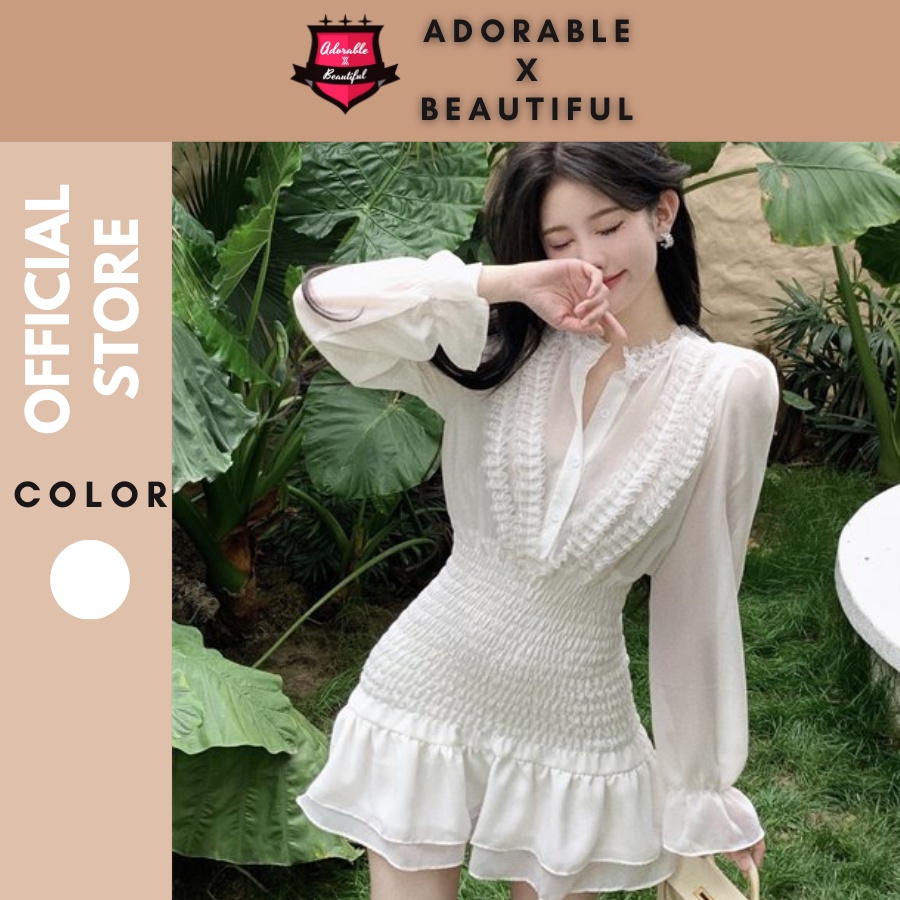 Đầm Trắng Tay Dài Thun Phối Lưới Nhún, Váy Trắng Tiểu Thư Xòe Baby Nút Ulzzang [AdorablexBeautiful]