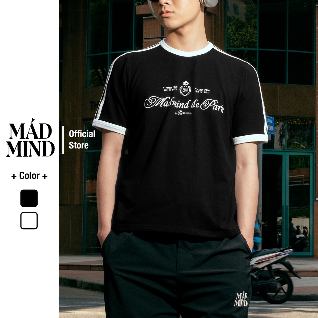 MADMIND | Form BOXY | Paris - Áo Thun Phối Tay 2 Sọc 100% Cotton - Phong Cách Y2k / 90s / Babytee, Màu Trắng / Đen