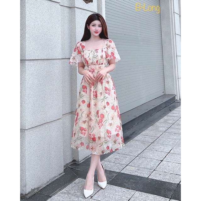 Váy hoa cổ vuông xinh