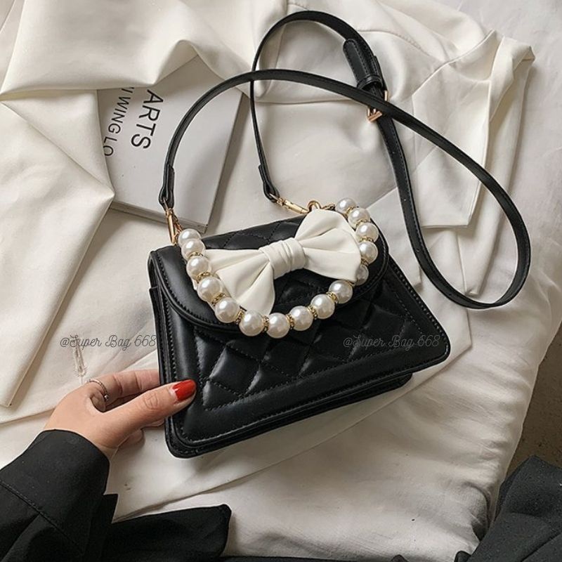 Túi Đeo Chéo Nữ Đẹp 2 Size, Túi Đeo Vai Đính Nơ Quai Ngọc Hottrend 100