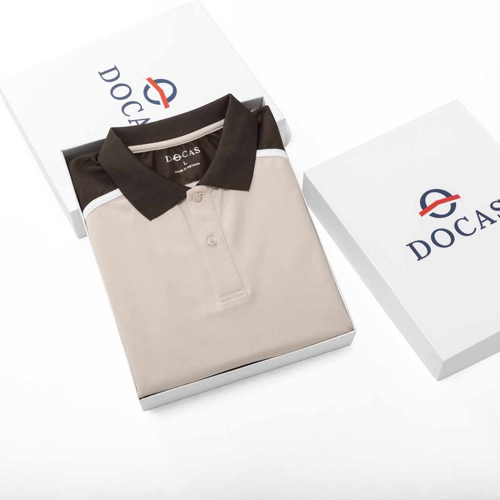 PO008-1 Áo Polo Nam Docas Vải Cotton CMC Màu Be Cổ Vai Phối Nâu Phom Regular Fit