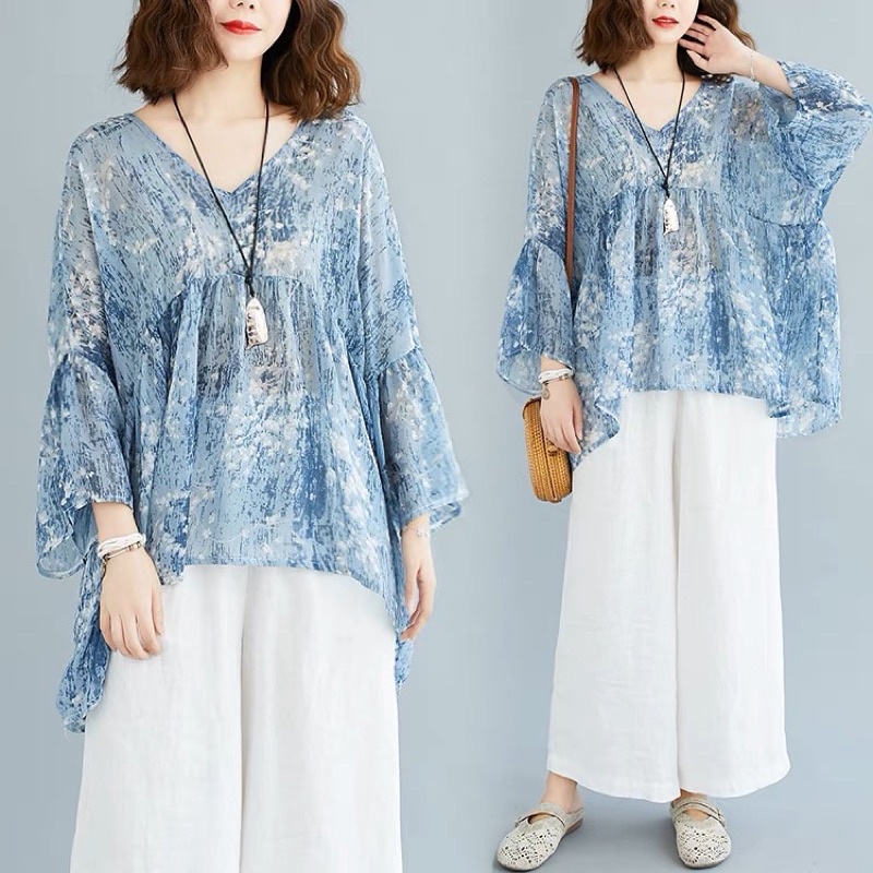 dưới 100kg Áo babydoll tay xoè cổ V , chất vải voan mỏng nhẹ siêu mát, áo bầu mặc được