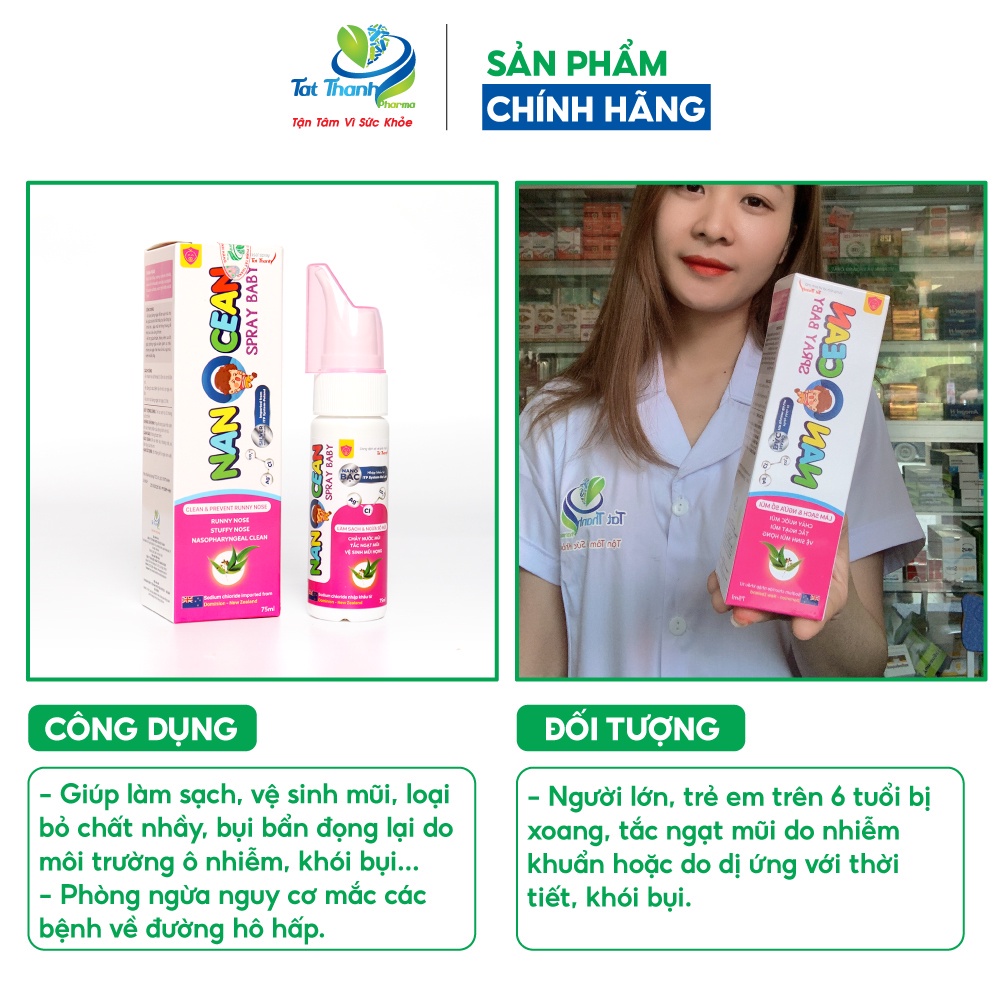 Dung dịch xịt mũi Nano Cean Spray Baby Tất Thành Pharma vệ sinh mũi cho trẻ em 75ml