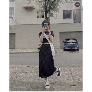 Set crop pull đen chân váy midi jean 15745