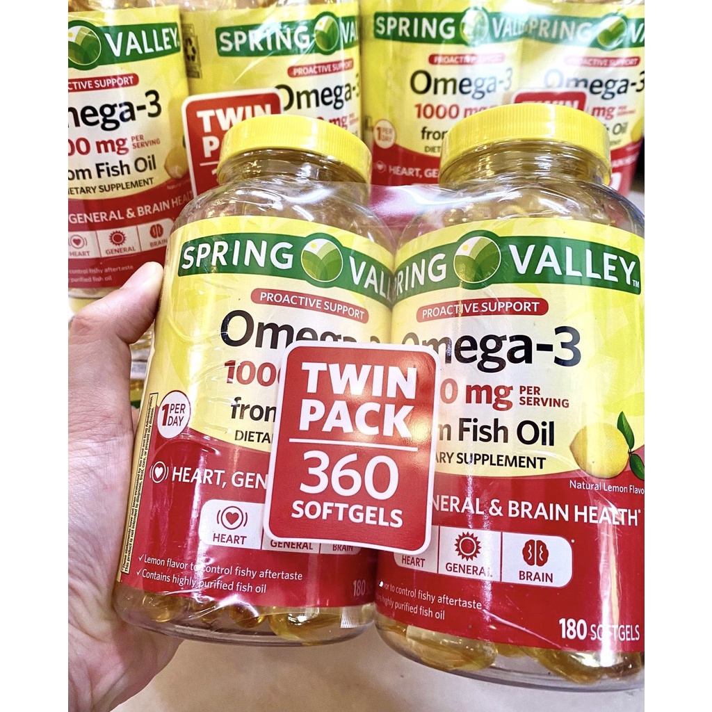 Viên uống dầu cá OMEGA-3 1000mg 180 viên hàm lượng EPA, DHA cao hỗ trợ sáng mắt bổ não hương chanh từ hãng SPRING VALLEY