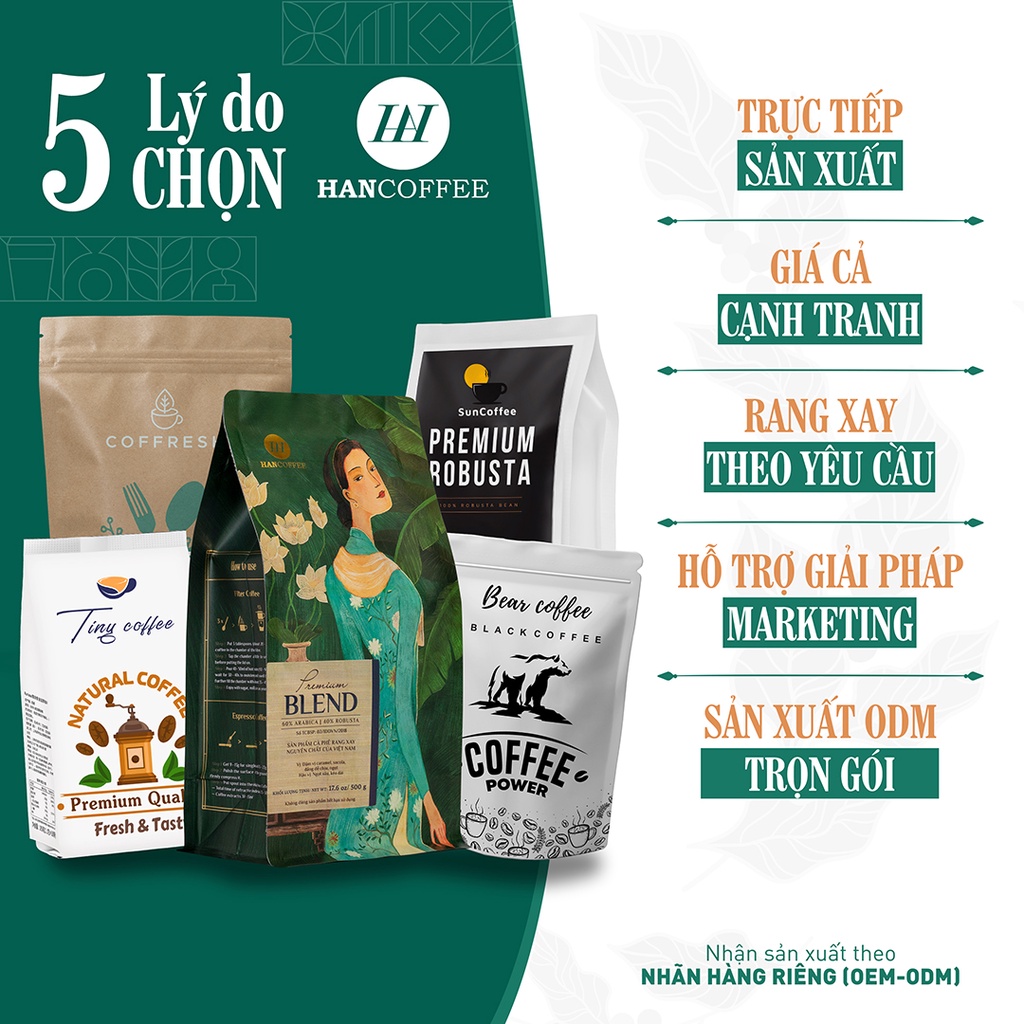 Cà Phê Pha Máy HANCOFFEE Arabica Espresso Rang Hạt Mộc Premium Mùi Vị Chua Thanh, Đắng, Ngọt Nhẹ Túi 500g HN100AH4