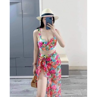bikini 3 món đi biển gồm khăn voan cột