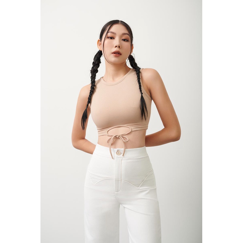 Áo thun croptop thắt dây tròn dưới thời trang GAGO màu be kem GA4275