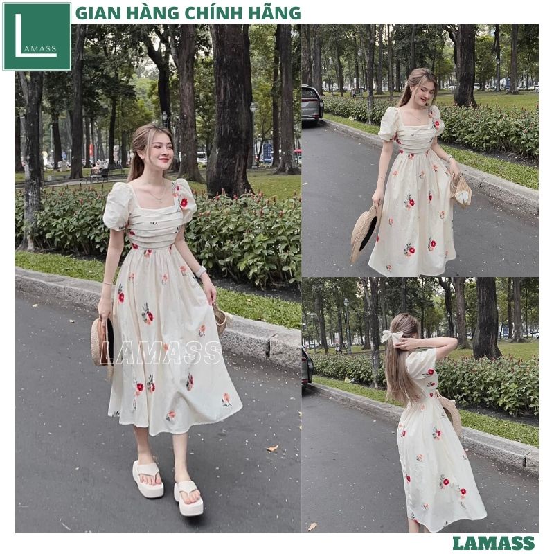 Váy thiết kế babydoll dáng dài tay bồng hoa cam xinh xắn trẻ trung, Đầm maxi xếp ly ngực họa tiết hoa bánh bèo - LAMA