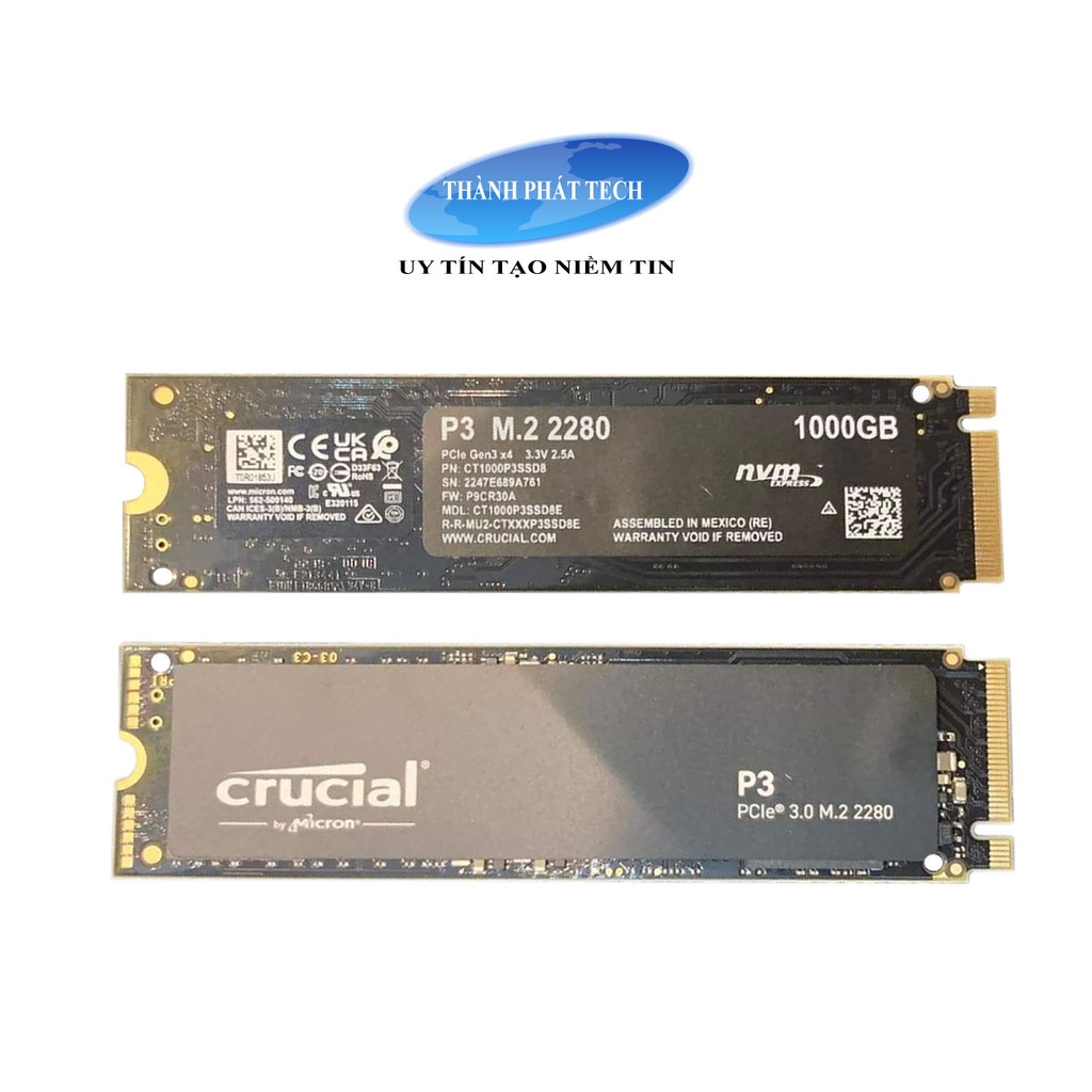 Ổ cứng SSD tốc độ cao Crucial NVMe P3 M.2 PCIe Gen3 x4 1TB - Chính hãng,Bảo Hành 36 Tháng 1 đổi 1