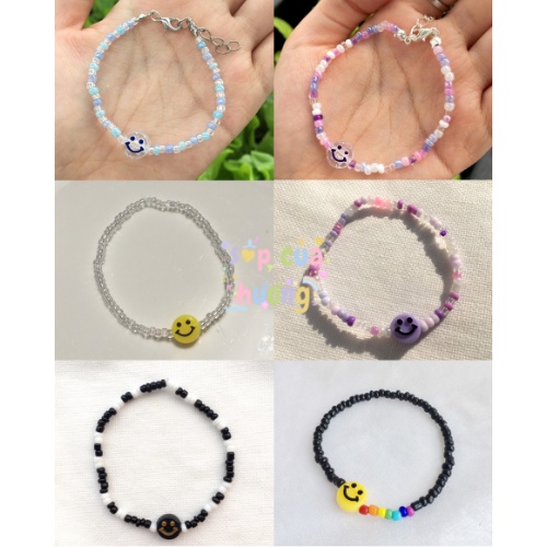 Vòng tay hạt cườm 3mm mặt cười với dây thun giãn phù hợp mọi kích cỡ