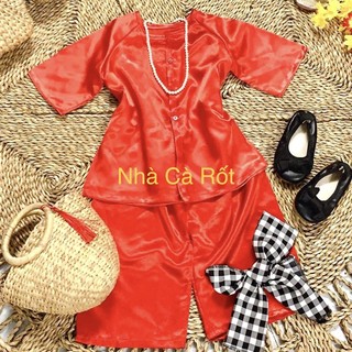 Set bà ba đỏ lụa hàng may thiết kế cho bé