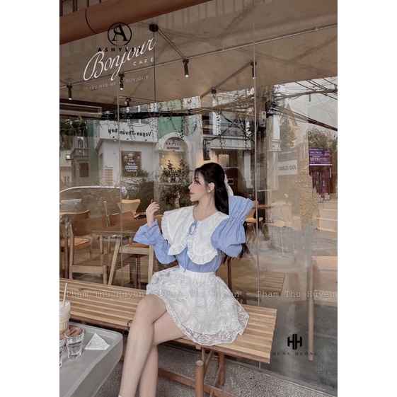 Set áo sơmi cổ sen mix chân váy ren