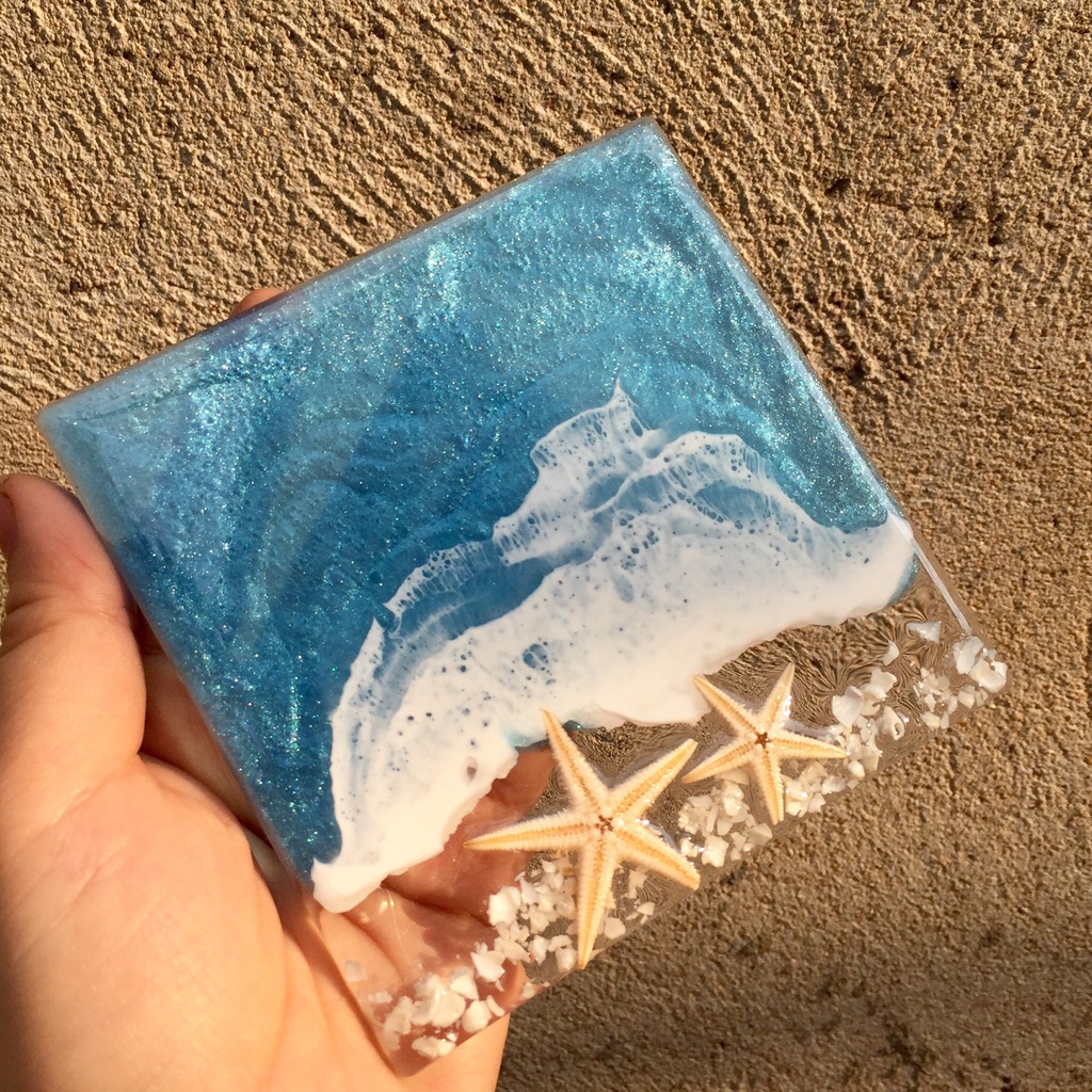 Lót ly biển xanh (thêm tên theo yêu cầu) handmade epoxy resin sao biển thật diy Lilande