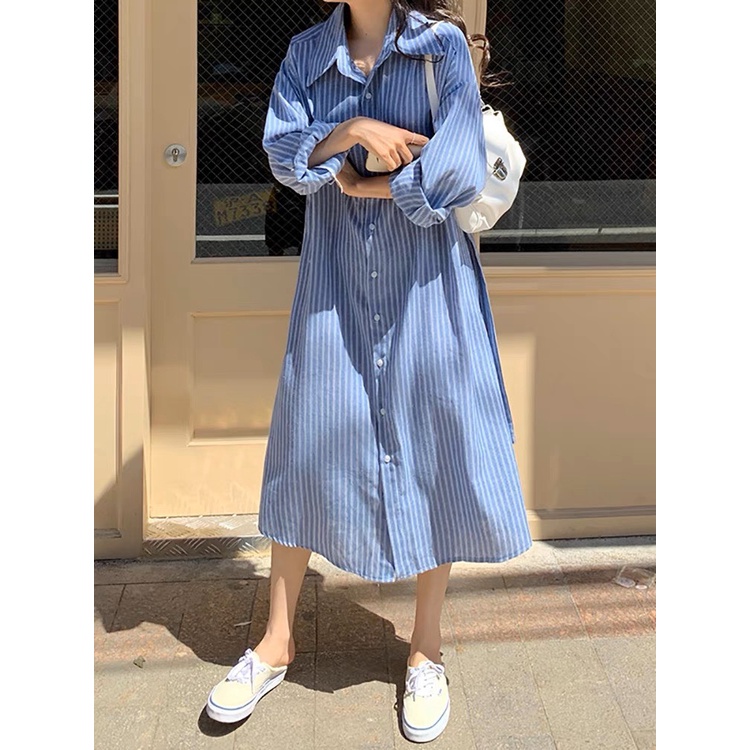 Đầm váy sơ mi nữ màu xanh kẻ sọc, Váy sơmi suông tay dài cổ đức kèm đai thắt ulzzang form rộng kiểu hàn cài cúc basic