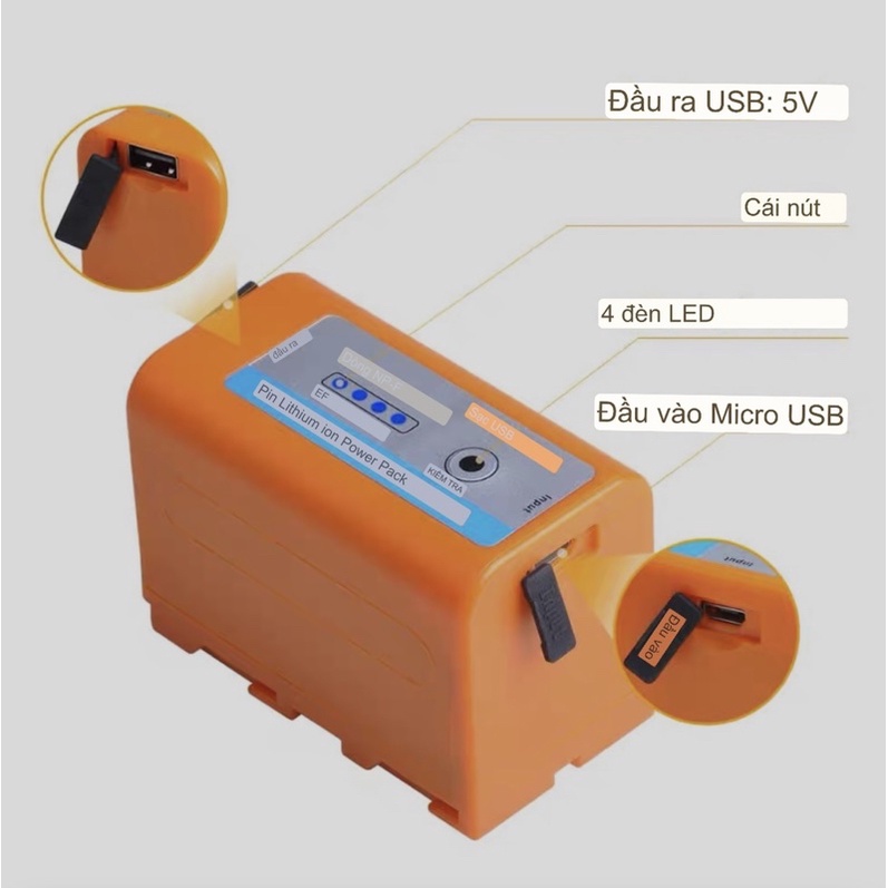 Pin NP-F750,F730,F770 - Đèn Led báo nguồn pin. Đầu ra USB 5200mAH