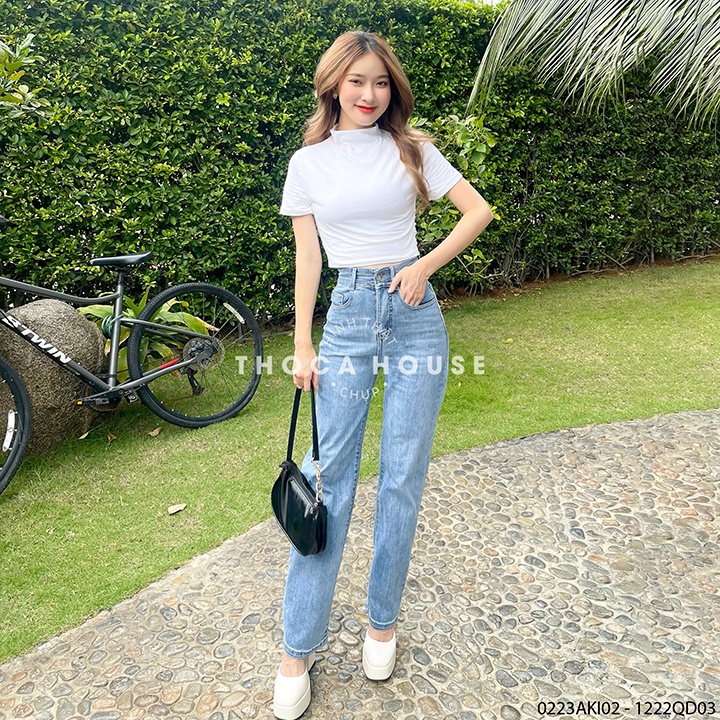 Quần jeans nữ ống suông lai trơn xanh nhạt 1230 THOCA HOUSE có size, trẻ trung năng động, phối đồ xinh