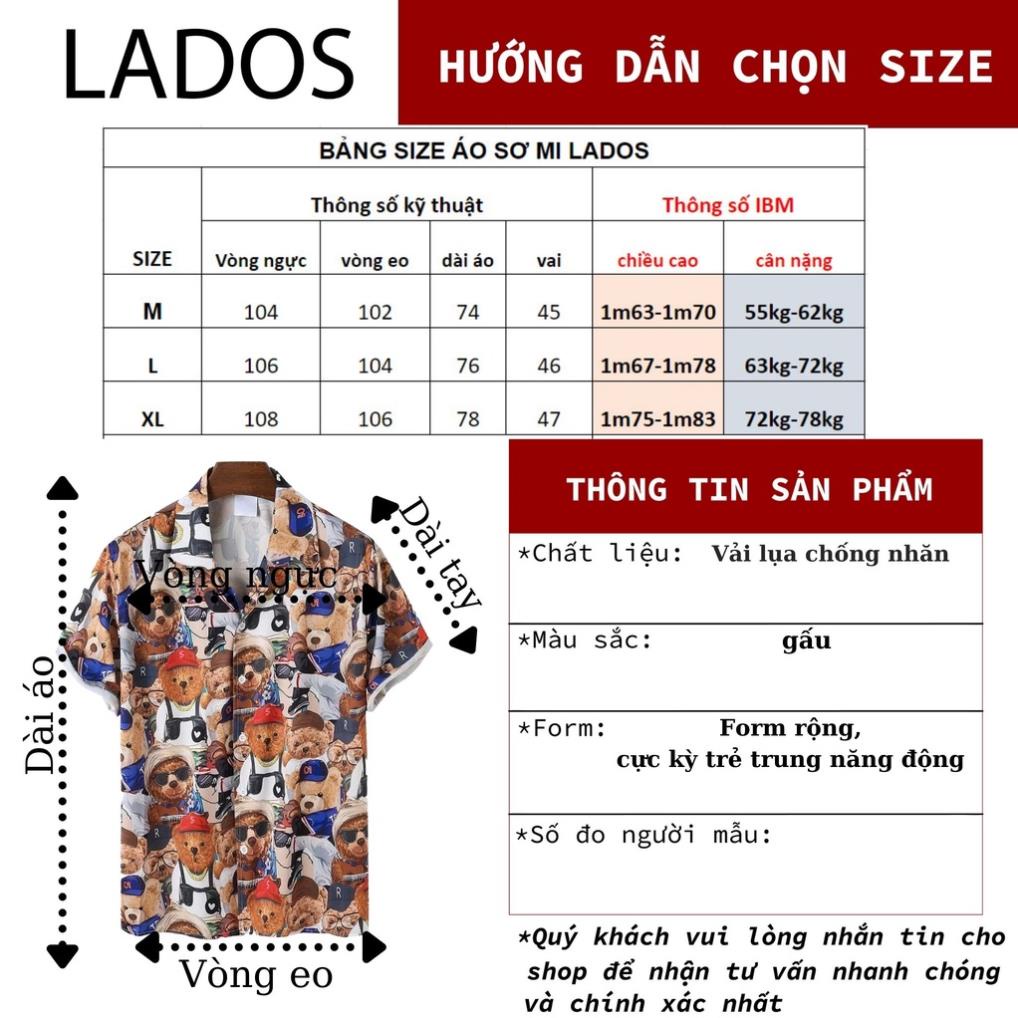 Áo sơ mi tay ngắn nam nữ họa tiết gấu Teddy Lados 8076 vải lụa chống nhăn, hè năng động hàng đẹp cao cấp