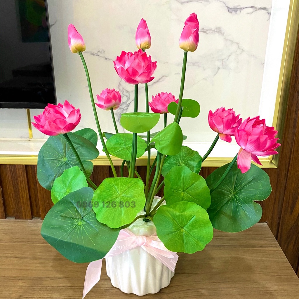 Hoa giả cắm sẵn - Chậu hoa sen giả cao cấp kèm bình sứ trang trí phòng khách, phòng ngủ, bàn trà.