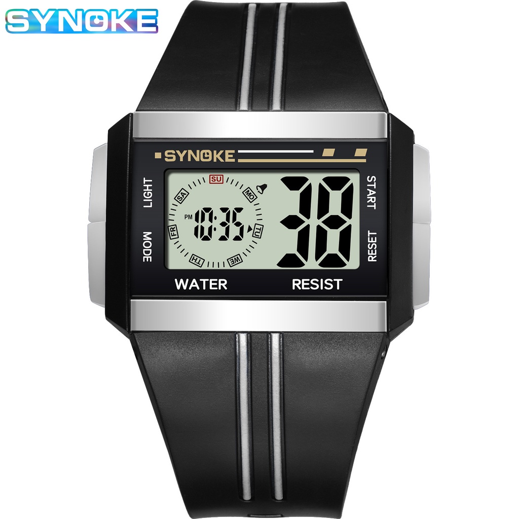 Đồng hồ nam SYNOKE Đồng hồ nam mặt vuông kỹ thuật số LED Lịch đồng hồ thể thao chống nước điện tử