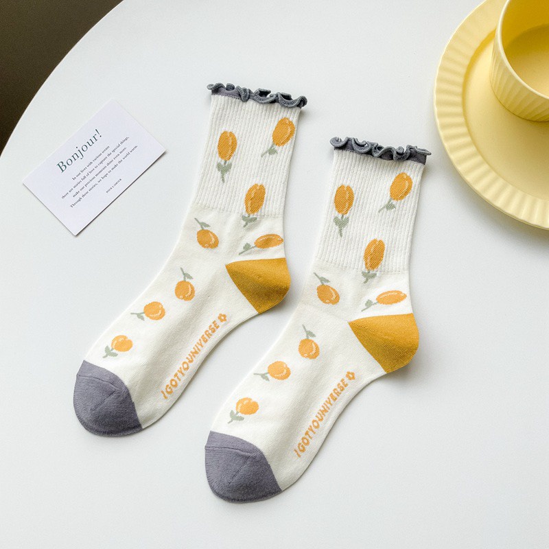 Tất nữ cao cổ, họa tiết gấu global, phong cách hàn quốc, trẻ trung, chất liệu cotton, thấm mồ hôi