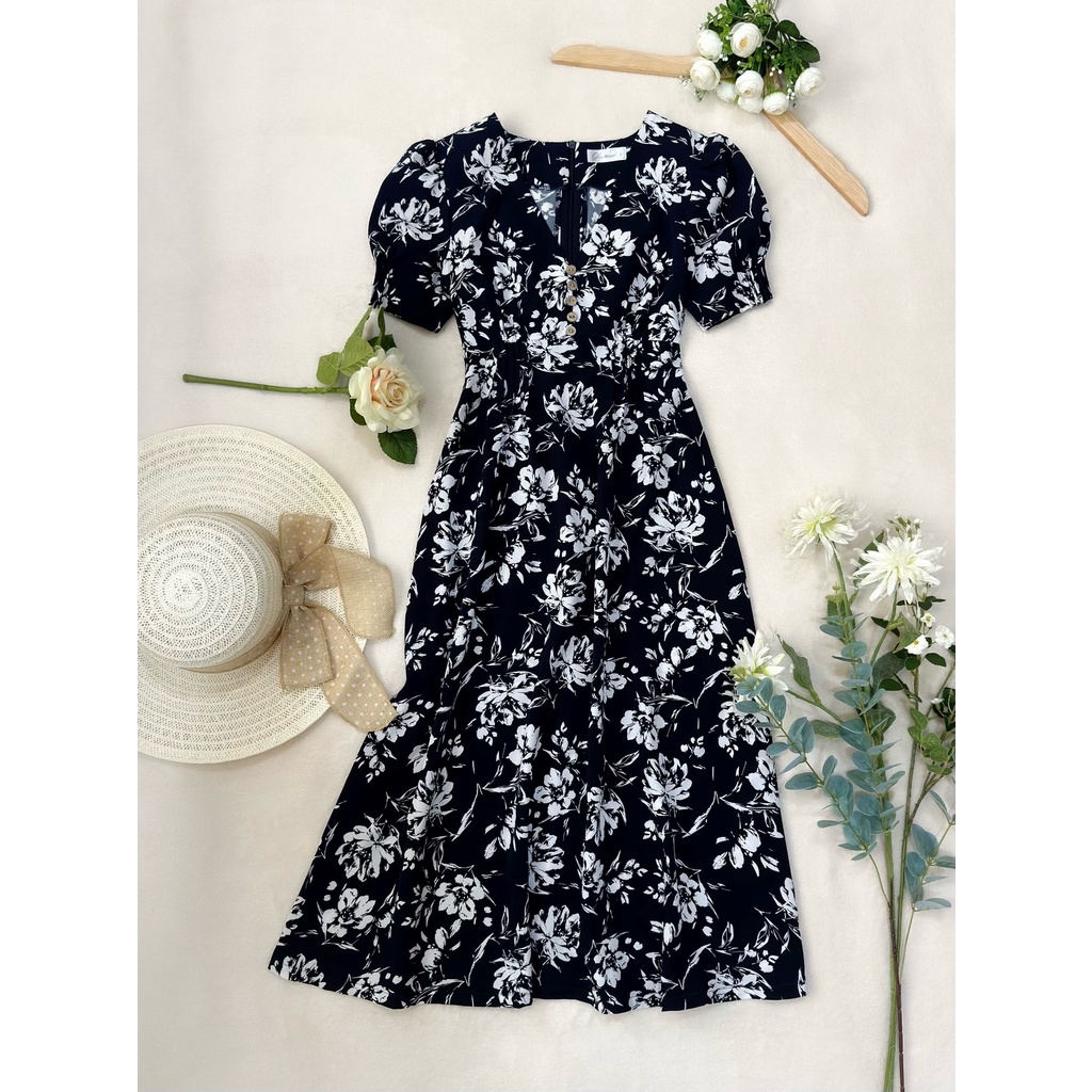 Đầm Midi nối ngực, xếp pli eo, tay phồng, thân sau dún thun, dài qua gối _ D1.756_ Xanh Đen Bông Kem