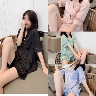 Bộ pyjama lụa cộc đùi trơn ren quảng châu