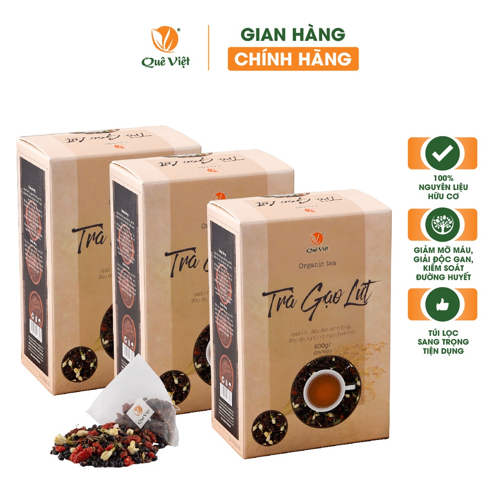 COMBO 3 HỘP - Trà gạo lứt Quê Việt - Hộp 600g 20 túi lọc