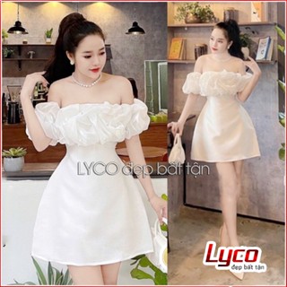 Đầm nữ trễ vai tay bồng bèo tơ nhún ngực đính ngọc chất Tafta cao cấp váy dự tiệc thiết kế