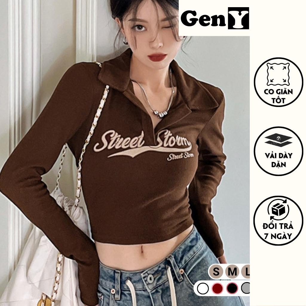 Áo croptop tay dài cổ bẻ in chữ cực xinh GenY, Áo kiểu thun dài tay ôm body cực tôn dáng -ADT30-
