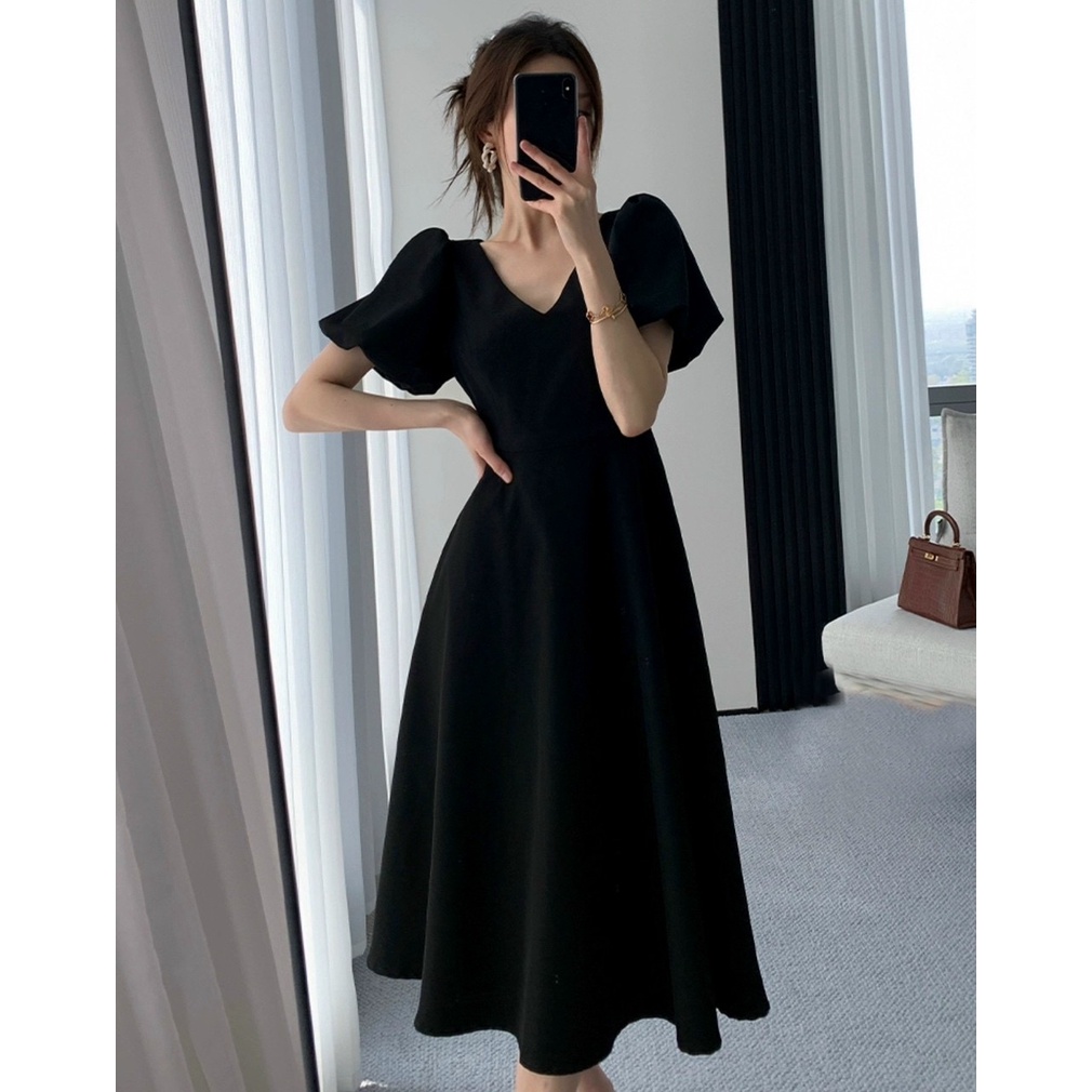 Đầm váy freesize đen cổ V tay phồng