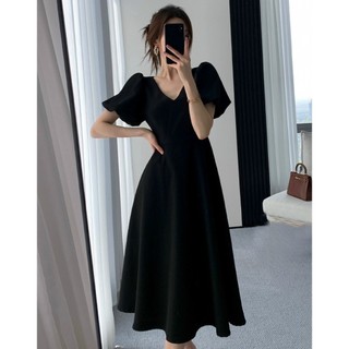 Đầm váy freesize đen cổ V tay phồng