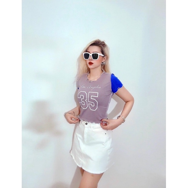 Áo croptop ôm thun bo gân xoăn lai, phối màu qua lại, 4 màu