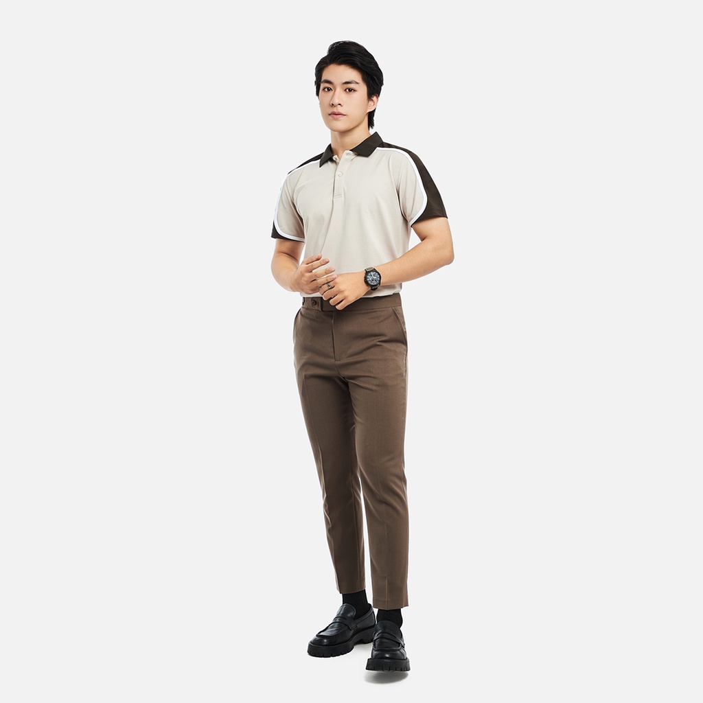 PO008-1 Áo Polo Nam Docas Vải Cotton CMC Màu Be Cổ Vai Phối Nâu Phom Regular Fit