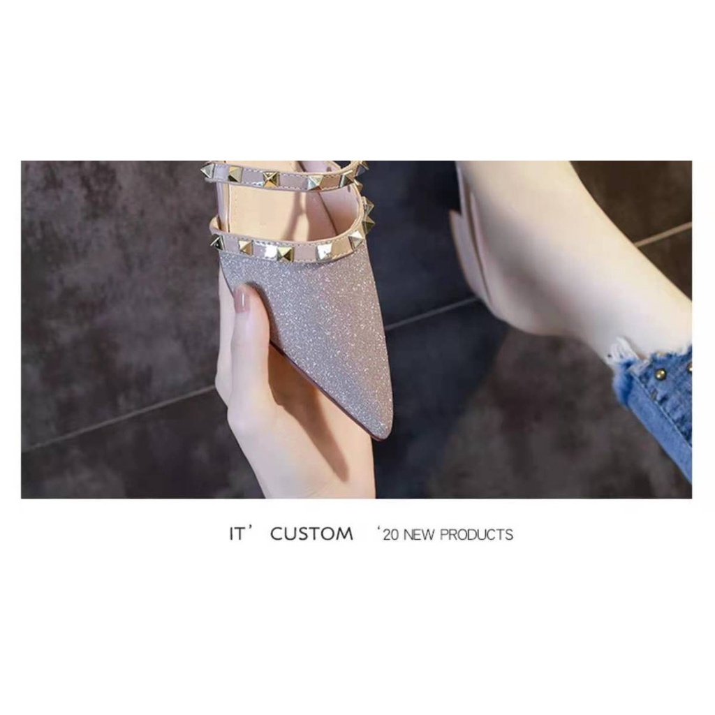 Dép Gót Thấp Mũi Nhọn Đính Đinh Tán Thời Trang Mùa Hè 2022 Cho Nữ