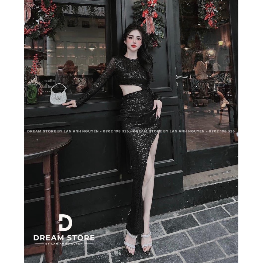 Váy body dáng dài, đính kim sa lấp lánh, thiết kế khoét eo, phối xẻ đùi quyến rũ, hàng M.Mo
