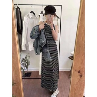 Váy thun kẻ dáng dài vintage