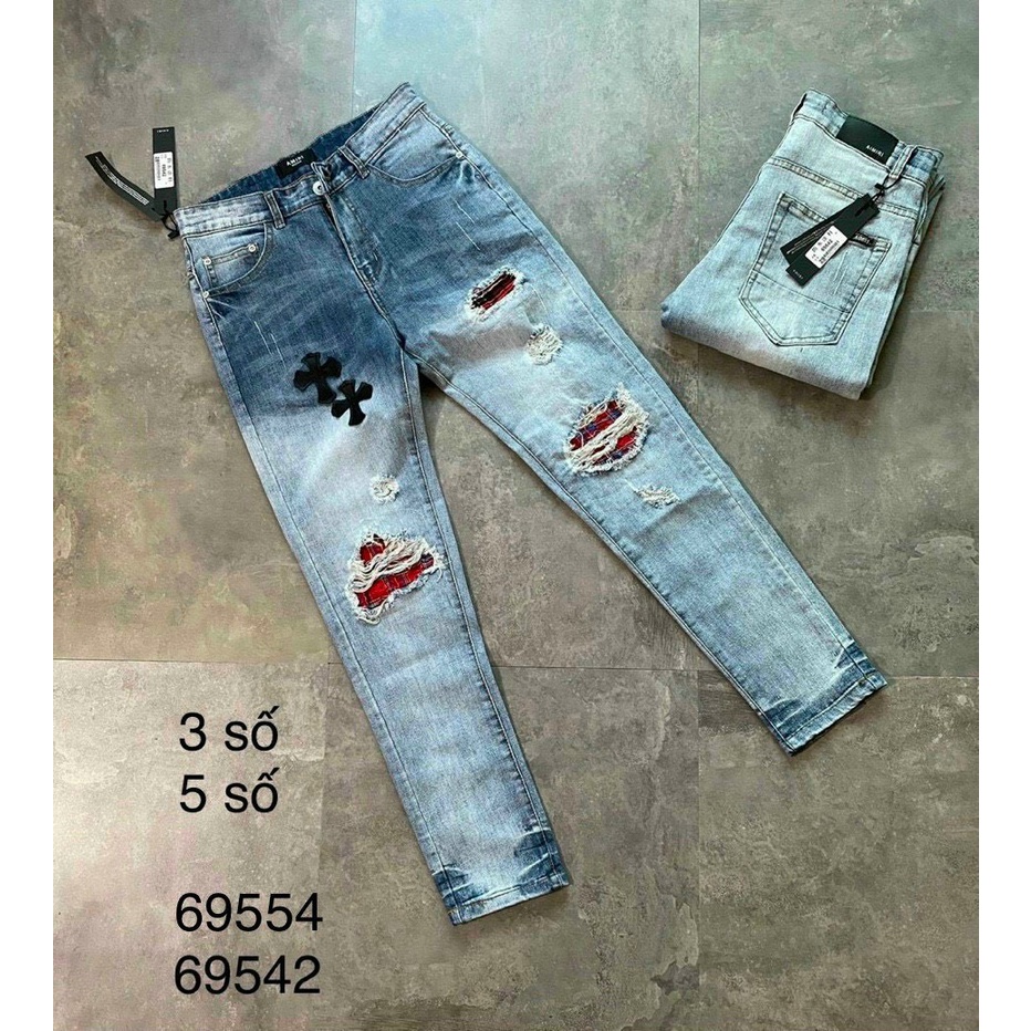 Quần jean skinny Amiri nam wash xanh khói rách xù viền vá vải nhăn kẻ xanh đỏ đùi gối ống xếp sóng likeauth