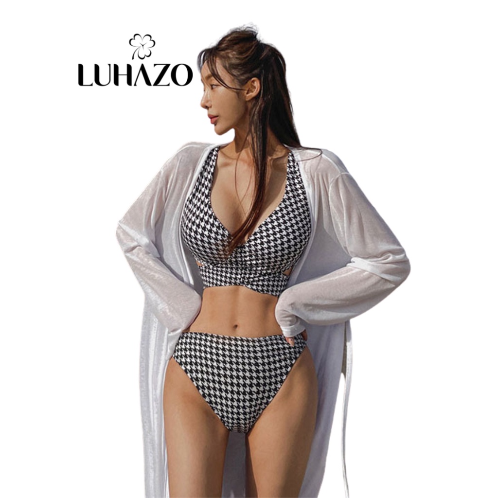 Bikini 2 mảnh đồ bơi đi biển họa tiết ziczac caro đen trắng quần cạp cao che bụng tốt có mút nâng ngực LUHAZO 2809 D-13