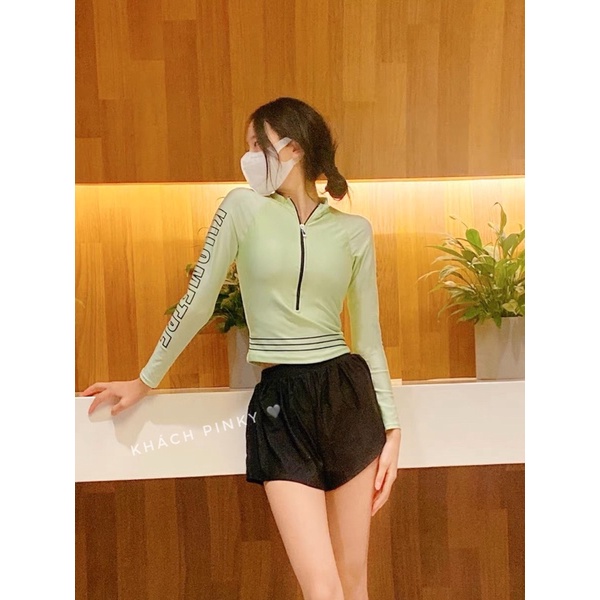 Đồ bơi nữ tay dài, áo tắm 2 mảnh kín đáo, chống nắng màu xanh