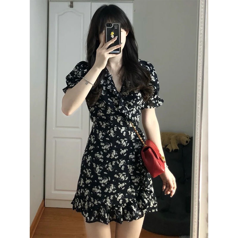 Váy hoa nhí chất voan cát, đầm voan hoa cổ V màu đen thời trang mùa hè