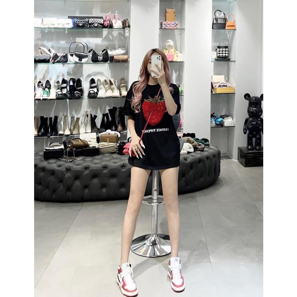 Áo Phông Nam Nữ Hình Quả Dâu Tây Chất Cotton Tàu Co Dãn Tay Lỡ Dáng Rộng