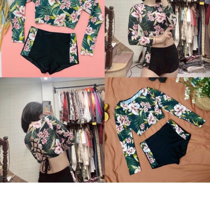 Đồ bơi nữ Bikini nữ 2 mảnh họa tiết dài tay đan lưng quần đùi kín đáo bộ bơi hoa đi biển đi