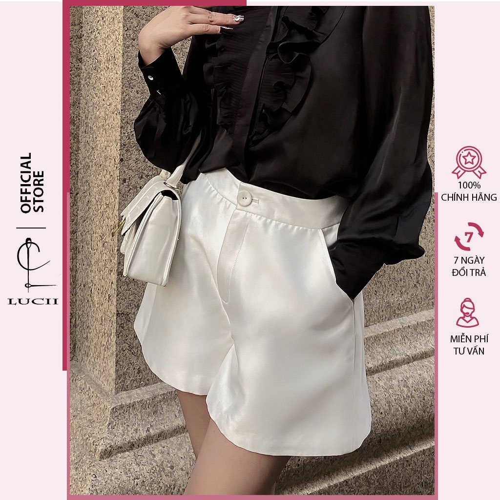 Quần short nữ LUCII thiết kế chất tafta ống rộng cúc bọc cạp cao thời trang - LU23