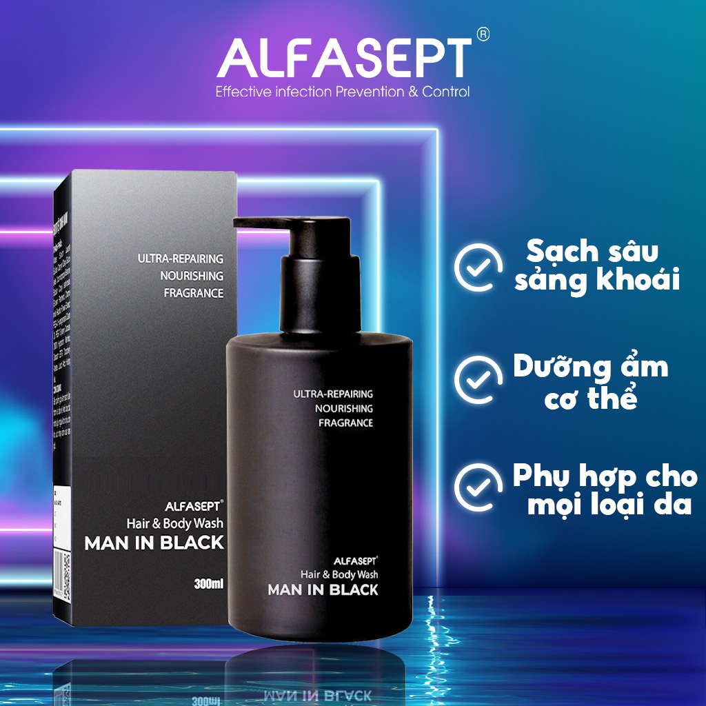 Sữa Tắm Gội Nam Hương Nước Hoa Nam Tính ALFASEPT Man In Black Làm Sạch Bụi Bẩn Và Dưỡng Ẩm 300ml