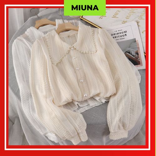 Áo sơ mi ren trắng Miuna đính cúc ngọc, áo sơ mi cổbè phong cách Hàn Quốc