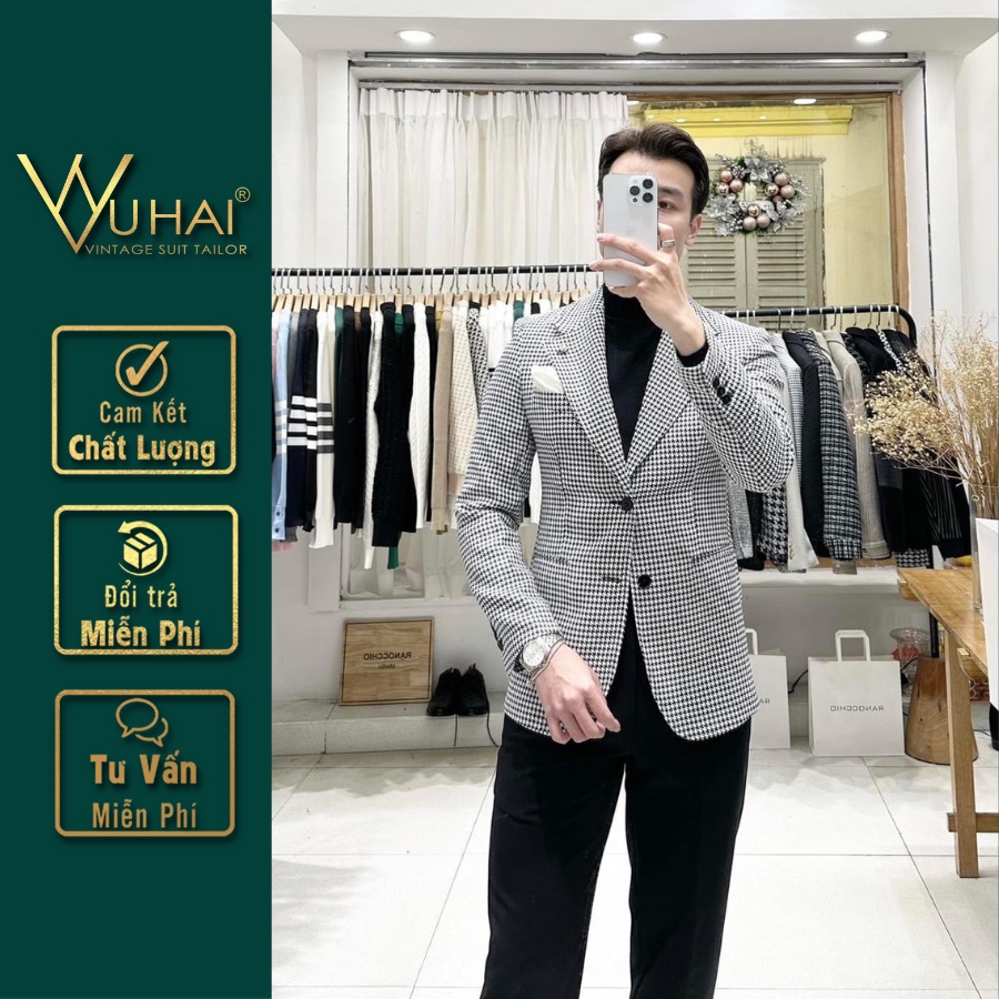 Áo Khoác dạ Blazer nam đẹp họa tiết kẻ xéo, from Hàn Quốc 2 cúc